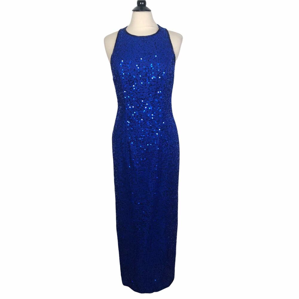 NEW Vintage Laurence Kazar Silk Beaded Sequin Blue Evening Gown Dress Large